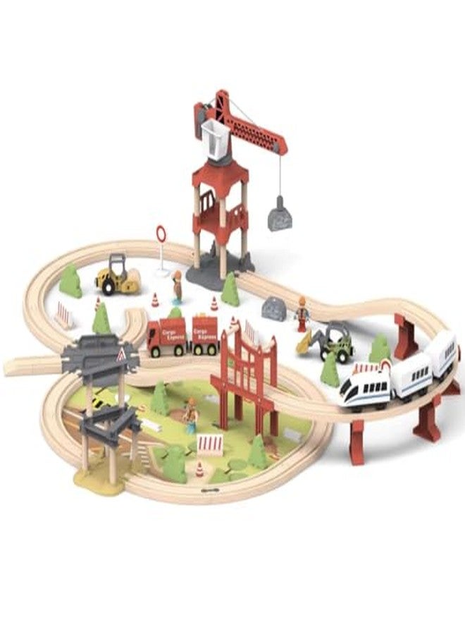 Pingo Play Wooden Railway Train Track Set with Bullet Train, Cargo Trucks, Crane, Bridge & Workers | Large Pretend Play Railway Toy for Kids 3+ | Montessori Wooden City & Train Set (104 Pcs) - Image 1